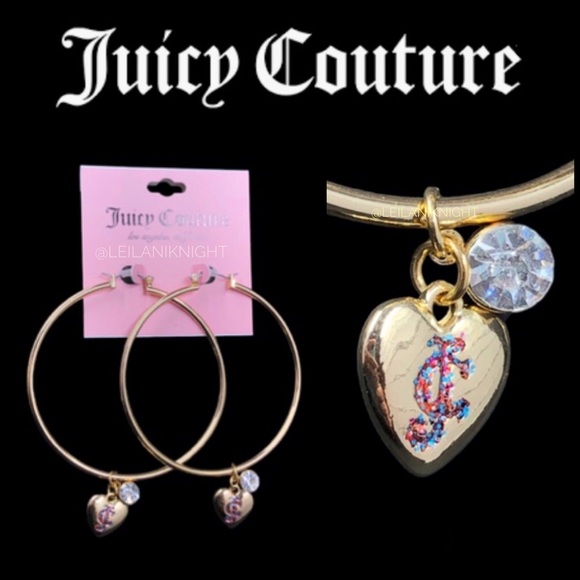 Juicy Couture Gold Tone Large Hoop Heart Charm Logo Earrings - Picture 1 of 10
